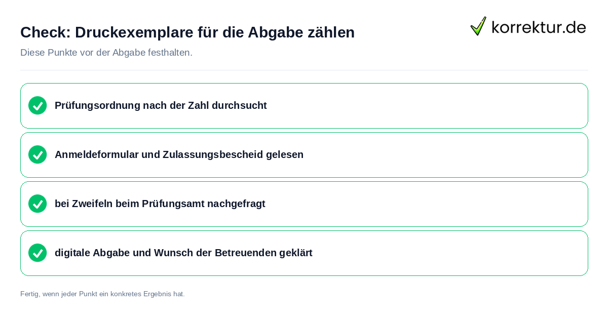 Check: Druckexemplare für die Abgabe zählen Druckexemplare für die Abgabe zählen: Prüfliste mit vier Punkten