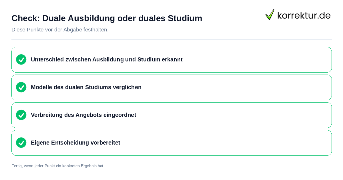 Duale Ausbildung oder duales Studium: Prüfliste mit vier Punkten