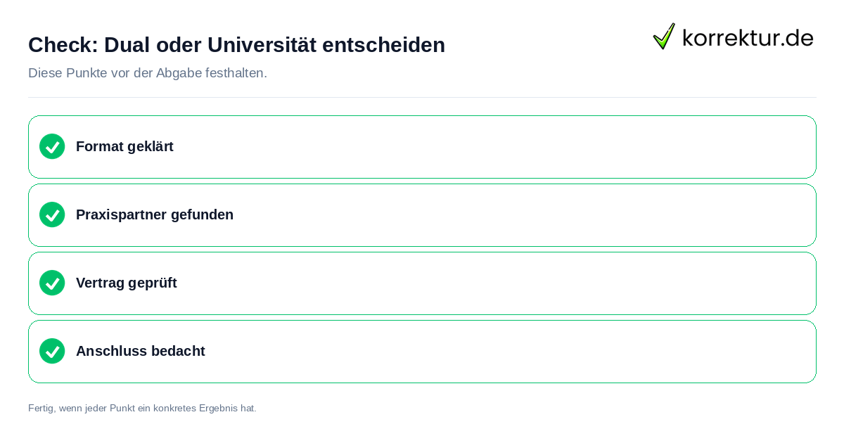 Check: Dual oder Universität entscheiden Dual oder Universität entscheiden: Prüfliste mit vier Punkten
