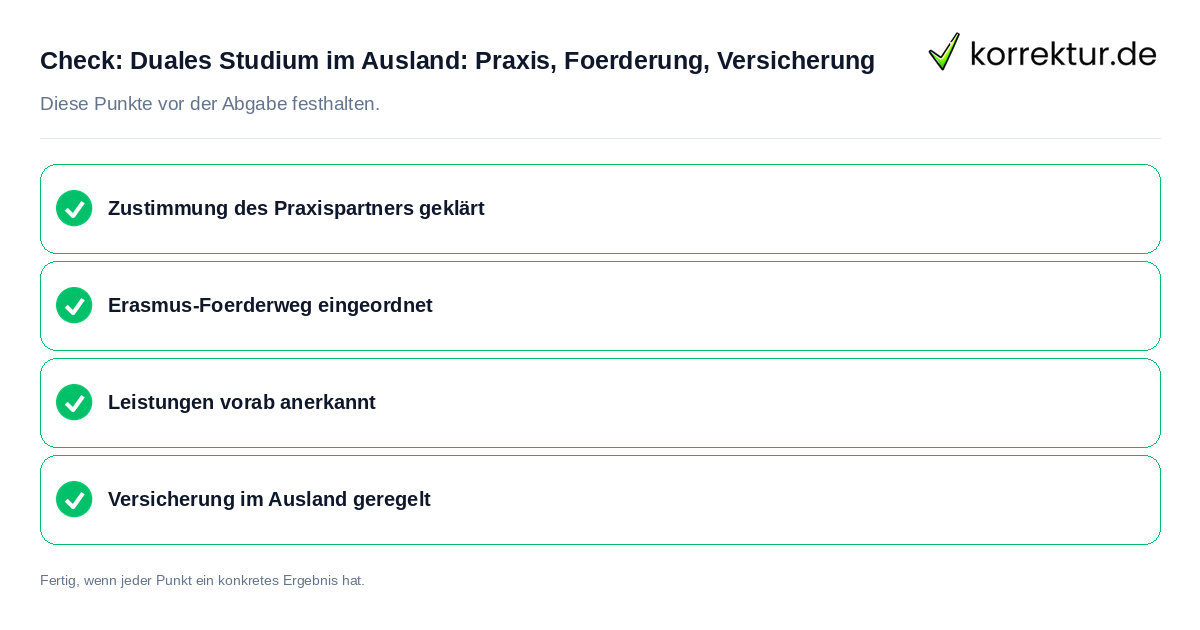 Check: Duales Studium im Ausland: Praxis, Förderung, Versicherung Duales Studium im Ausland: Praxis, Förderung, Versicherung: Prüfliste mit vier Punkten