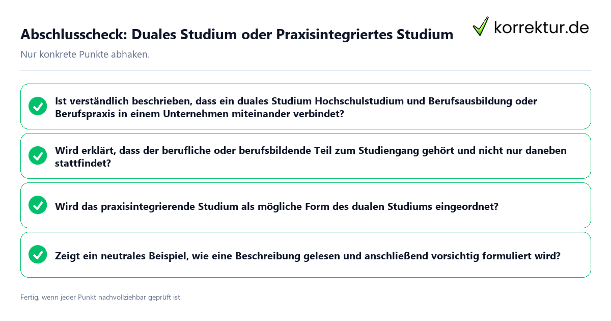 Konkreter Abschlusscheck zu Duales Studium oder Praxisintegriertes Studium