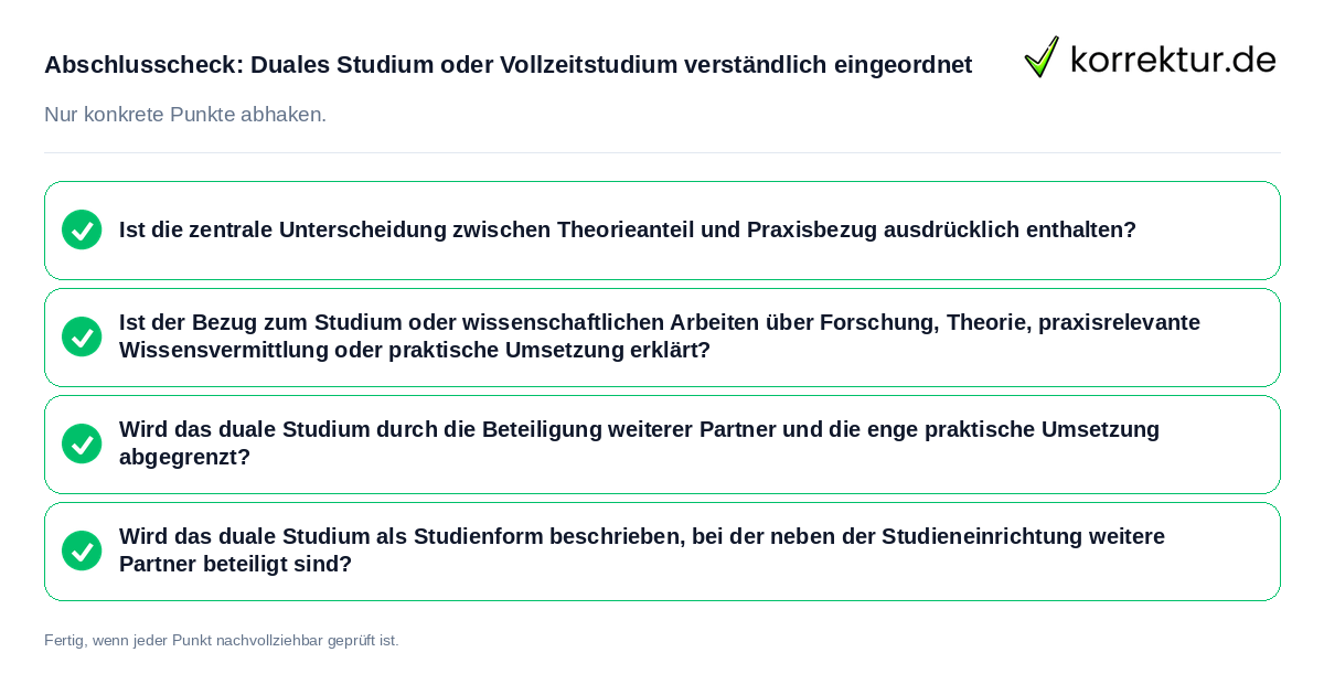 Konkreter Abschlusscheck zu Duales Studium oder Vollzeitstudium verständlich eingeordnet