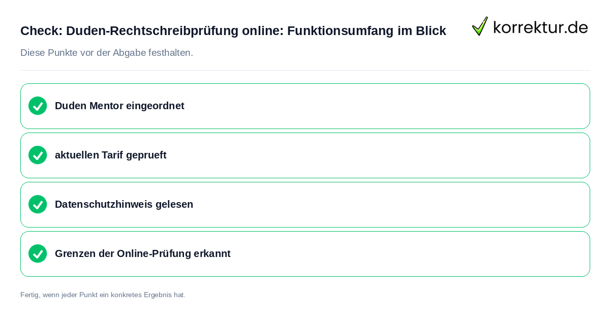 Check: Duden-Rechtschreibprüfung online: Funktionsumfang im Blick Duden-Rechtschreibprüfung online: Funktionsumfang im Blick: Prüfliste mit vier Punkten