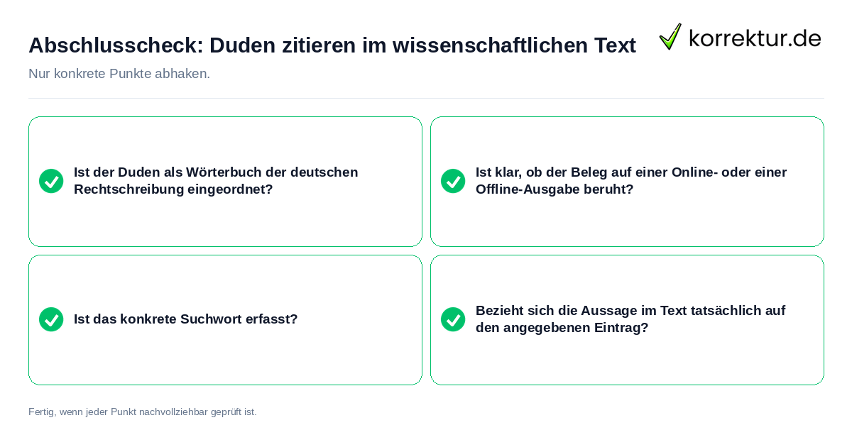 Konkreter Abschlusscheck zu Duden zitieren im wissenschaftlichen Text