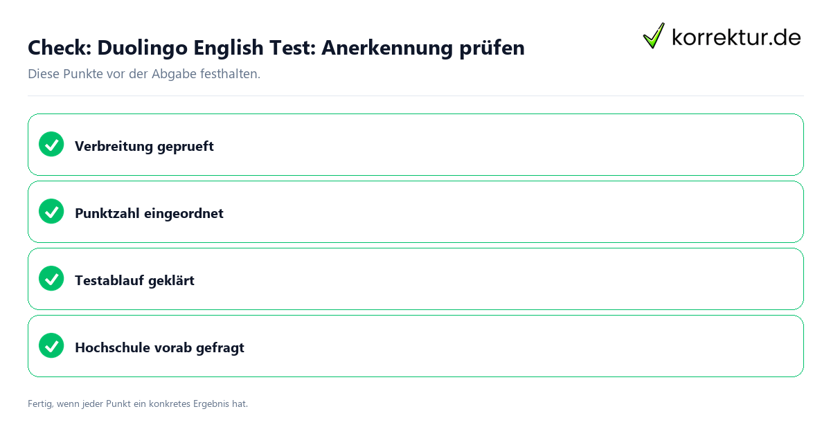 Check: Duolingo English Test: Anerkennung prüfen Duolingo English Test: Anerkennung prüfen: Prüfliste mit vier Punkten