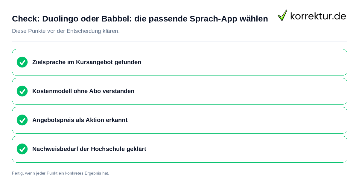 Duolingo oder Babbel: die passende Sprach-App wählen: Prüfliste mit vier Punkten
