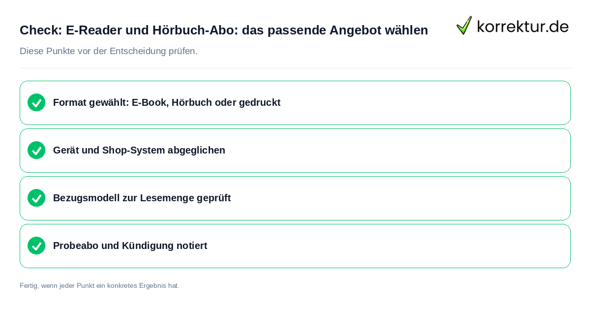 Check: E-Reader und Hörbuch-Abo: das passende Angebot wählen E-Reader und Hörbuch-Abo: das passende Angebot wählen: Prüfliste mit vier Punkten