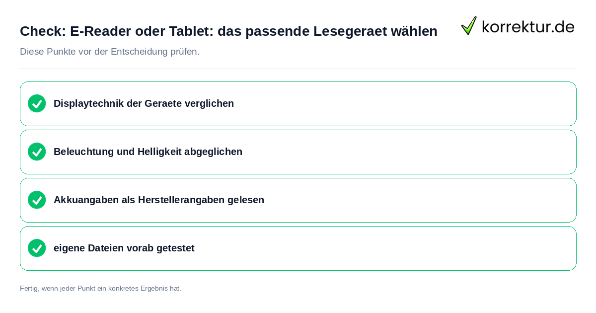 Check: E-Reader oder Tablet: das passende Lesegerät wählen E-Reader oder Tablet: das passende Lesegerät wählen: Prüfliste mit vier Punkten