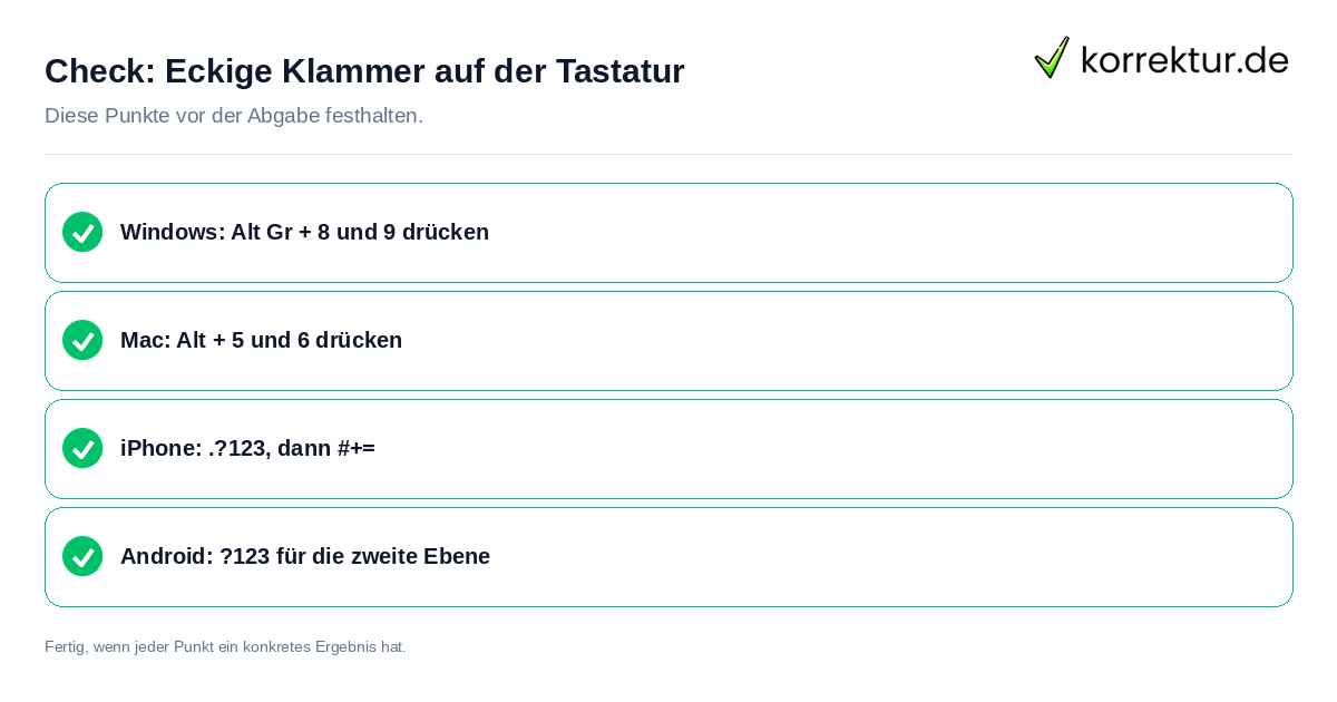 Check: Eckige Klammer auf der Tastatur Eckige Klammer auf der Tastatur: Prüfliste mit vier Punkten
