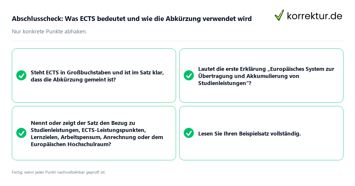 Abschlusscheck: Was ECTS bedeutet und wie die Abkürzung verwendet wird Konkreter Abschlusscheck zu Was ECTS bedeutet und wie die Abkürzung verwendet wird