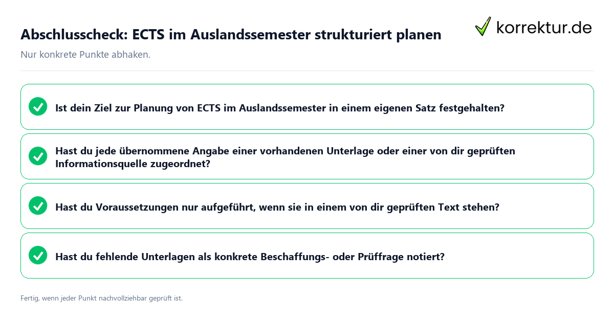 Konkreter Abschlusscheck zu ECTS im Auslandssemester strukturiert planen