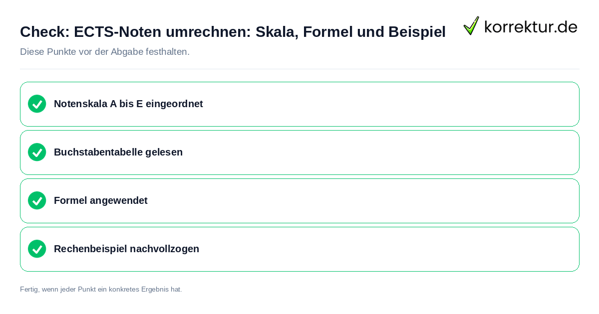 ECTS-Noten umrechnen: Skala, Formel und Beispiel: Prüfliste mit vier Punkten