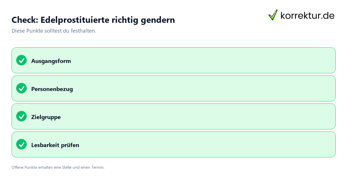 Edelprostituierte richtig gendern mit Checkliste für Unterlagen und nächste Schritte