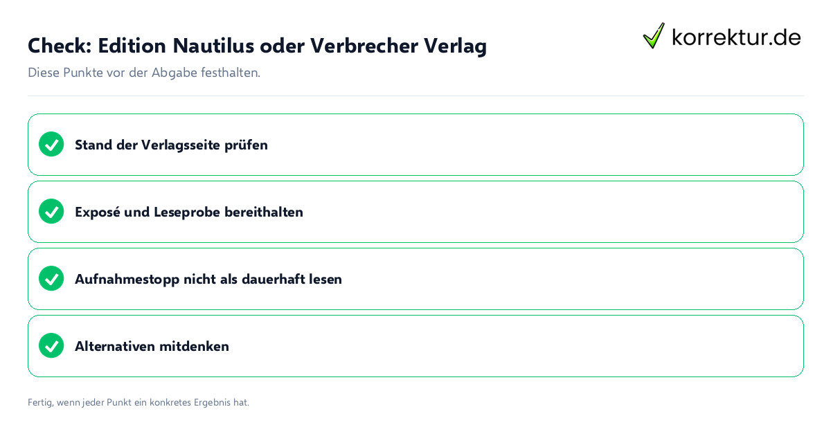 Check: Edition Nautilus oder Verbrecher Verlag Edition Nautilus oder Verbrecher Verlag: Prüfliste mit vier Punkten