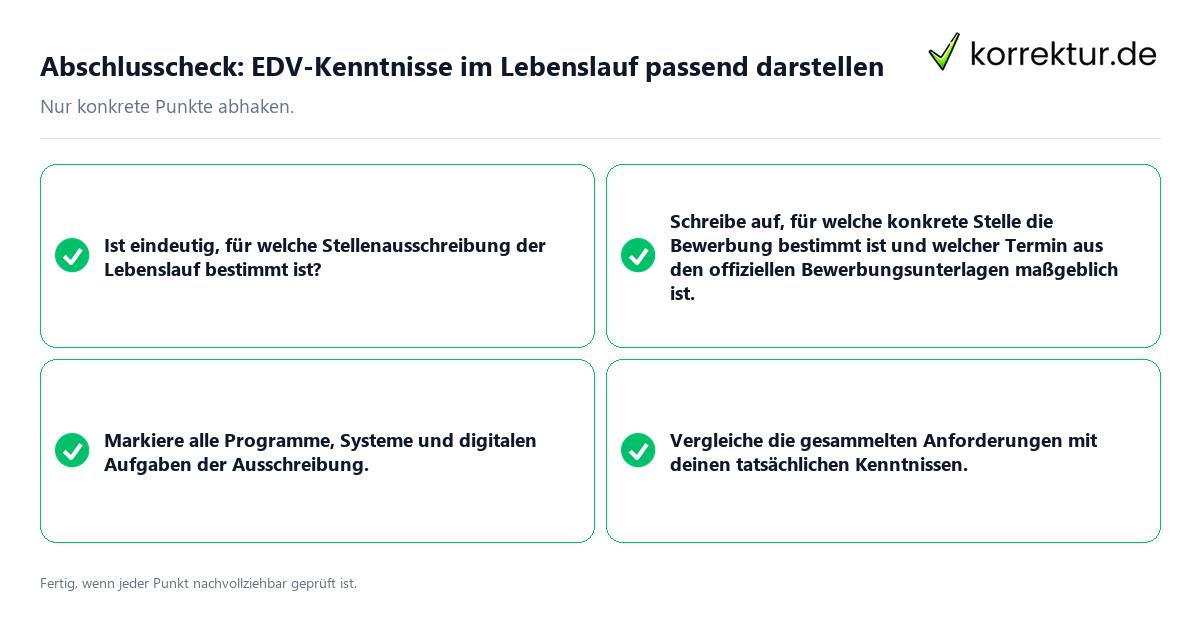 Konkreter Abschlusscheck zu EDV-Kenntnisse im Lebenslauf passend darstellen