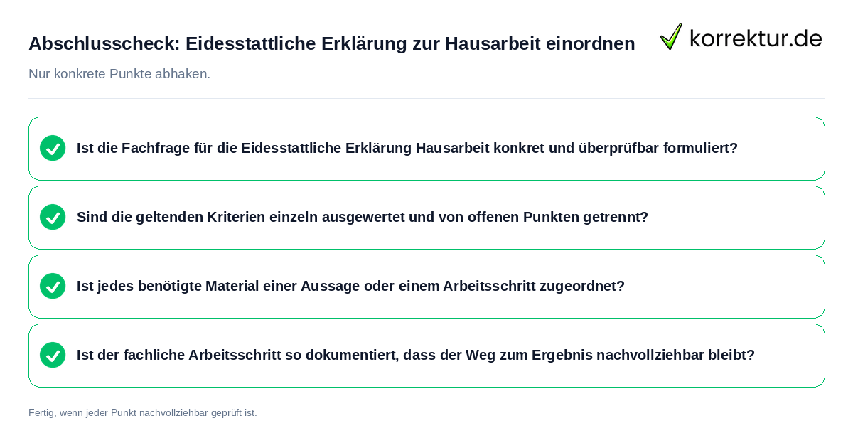 Konkreter Abschlusscheck zu Eidesstattliche Erklärung zur Hausarbeit einordnen