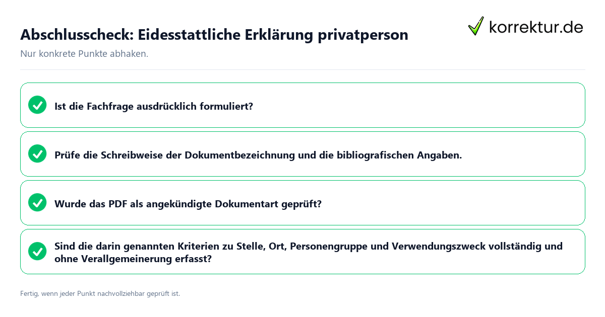 Konkreter Abschlusscheck zu Eidesstattliche Erklärung privatperson