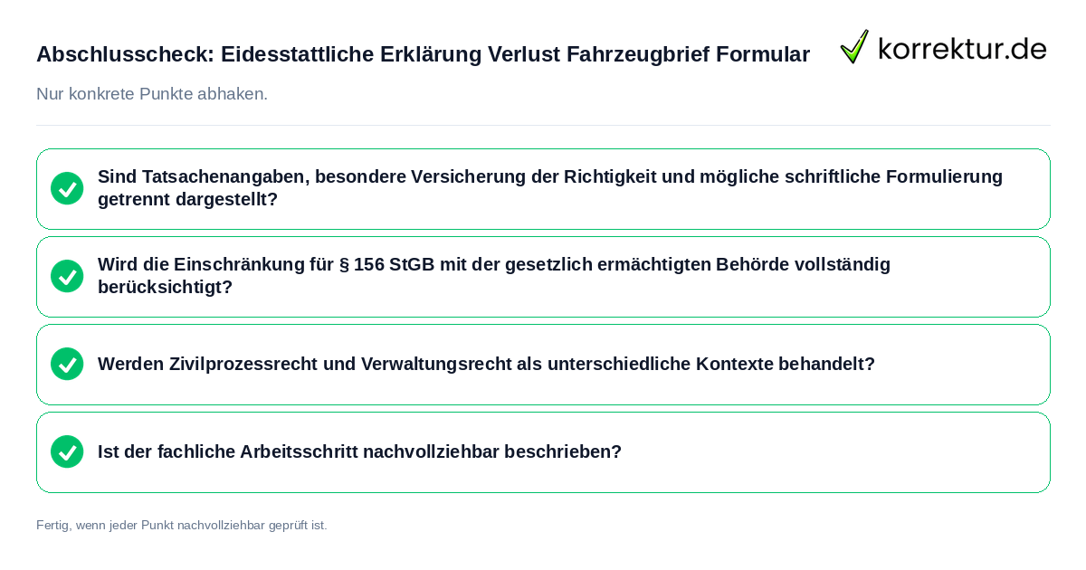Abschlusscheck: Eidesstattliche Erklärung Verlust Fahrzeugbrief Formular Konkreter Abschlusscheck zu Eidesstattliche Erklärung Verlust Fahrzeugbrief Formular