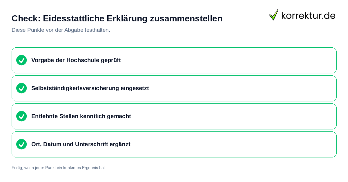 Eidesstattliche Erklärung zusammenstellen: Prüfliste mit vier Punkten