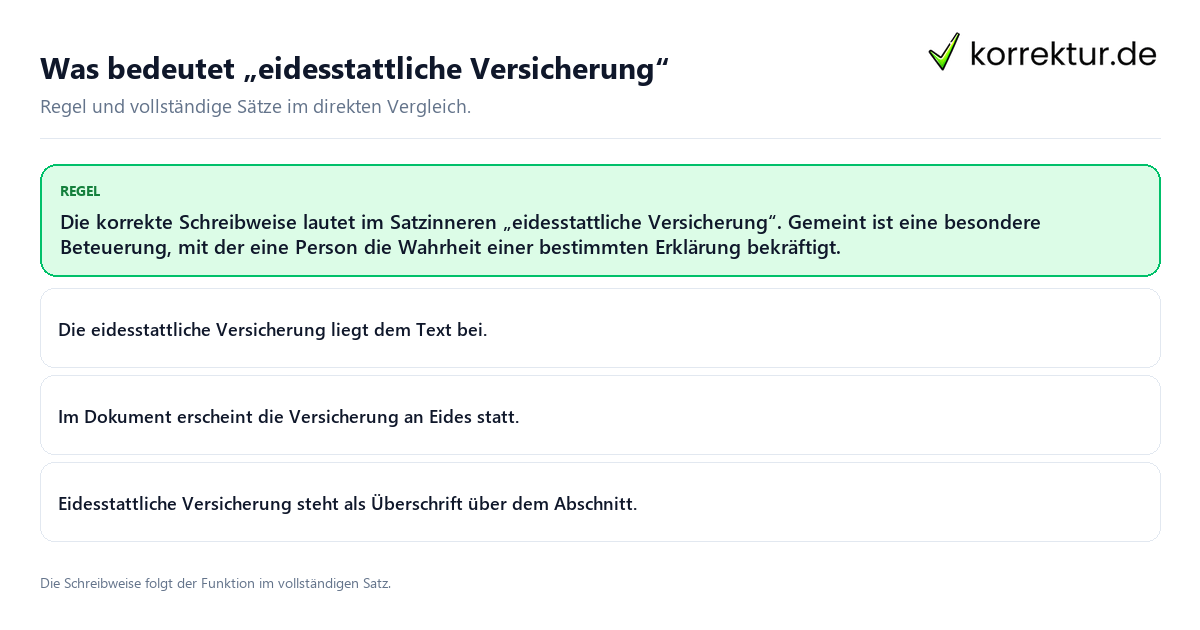 Was bedeutet „eidesstattliche Versicherung“ Konkrete Regel und vollständige Beispielsätze zu Was bedeutet „eidesstattliche Versicherung“