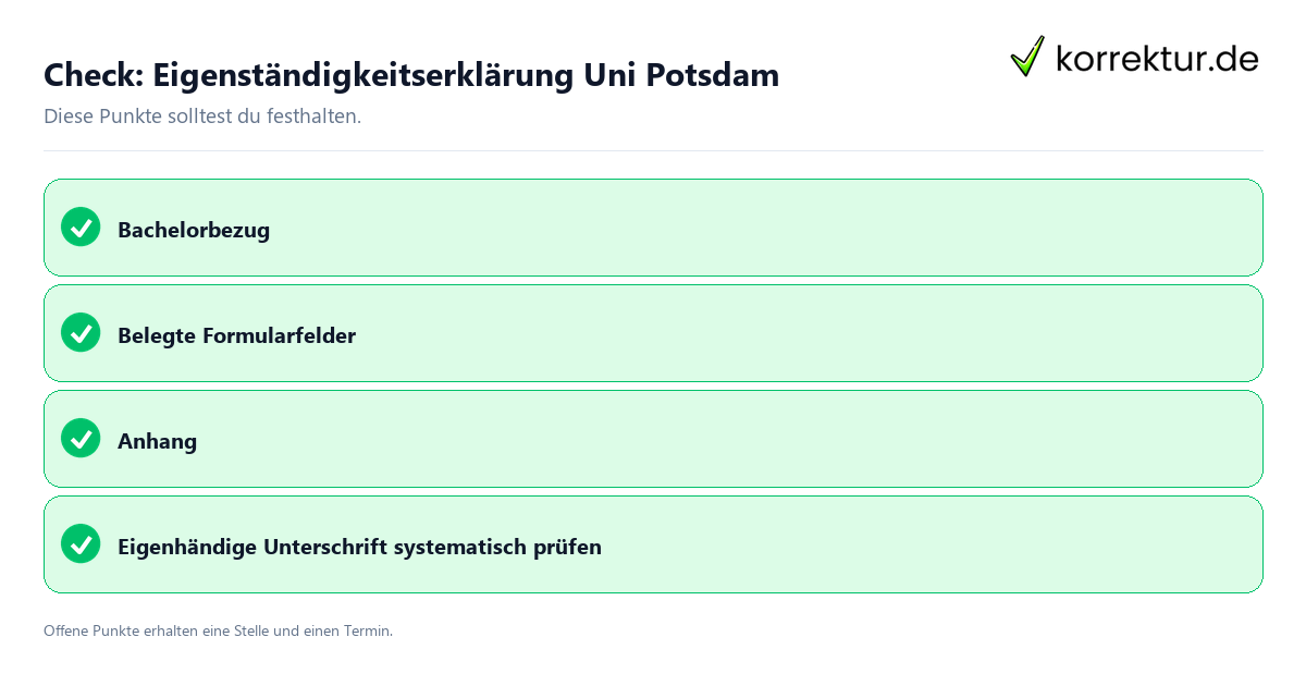 Eigenständigkeitserklärung Uni Potsdam mit Checkliste für Unterlagen und nächste Schritte