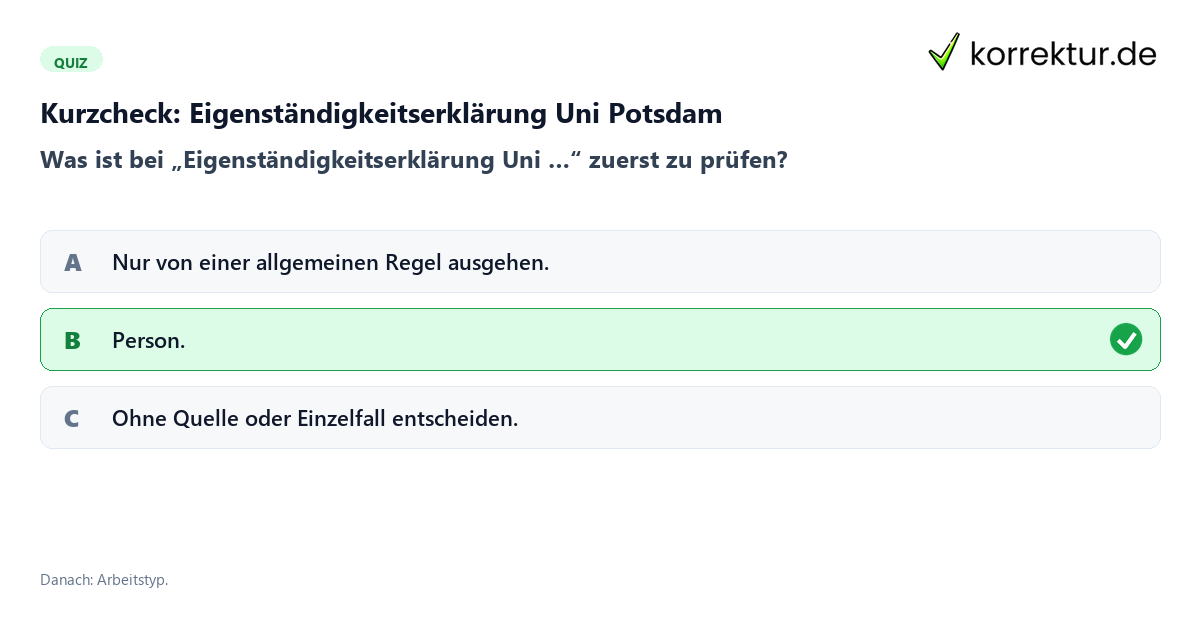 Eigenständigkeitserklärung Uni Potsdam mit einem Kurzquiz zum sinnvollen nächsten Schritt