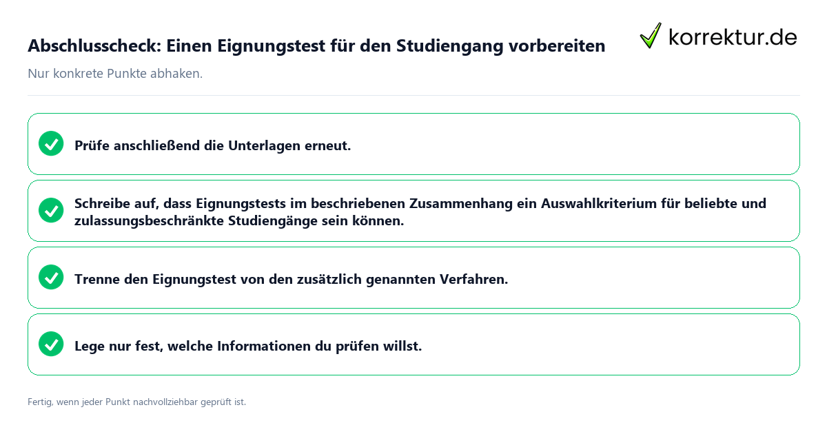 Abschlusscheck: Einen Eignungstest für den Studiengang vorbereiten Konkreter Abschlusscheck zu Einen Eignungstest für den Studiengang vorbereiten