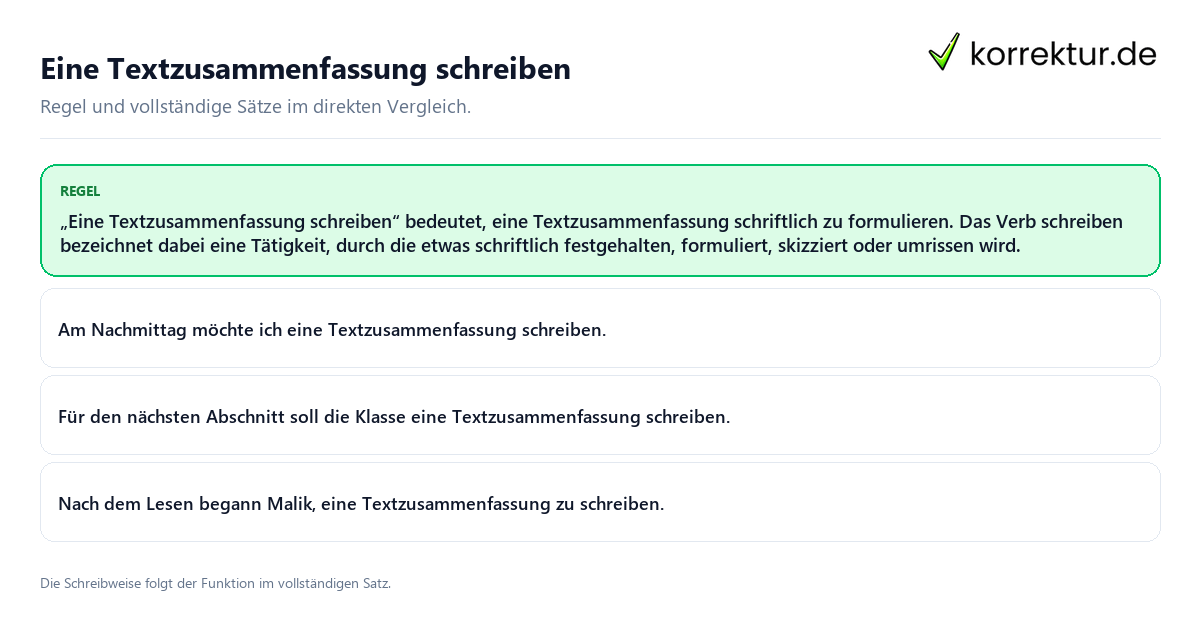 Eine Textzusammenfassung schreiben Konkrete Regel und vollständige Beispielsätze zu Eine Textzusammenfassung schreiben