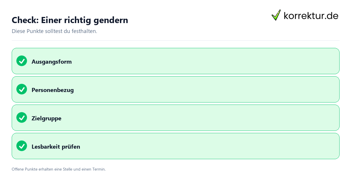 Einer richtig gendern mit Checkliste für Unterlagen und nächste Schritte