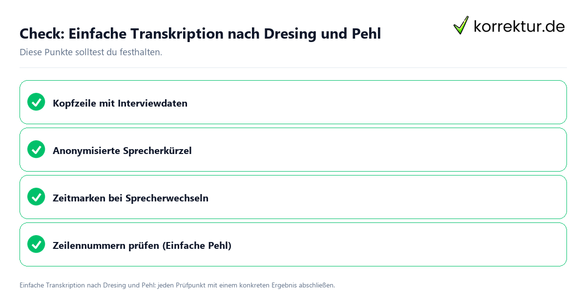 Einfache Transkription nach Dresing und Pehl mit einer themenspezifischen Checkliste