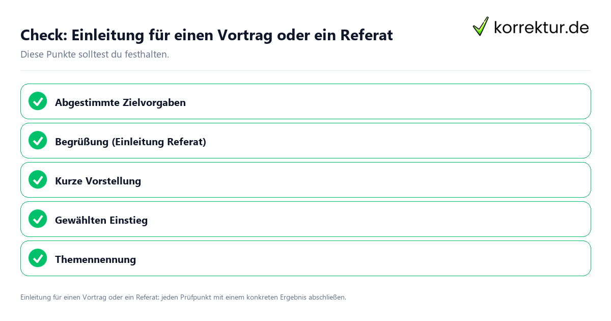Check: Einleitung für einen Vortrag oder ein Referat Einleitung für einen Vortrag oder ein Referat mit einer themenspezifischen Checkliste