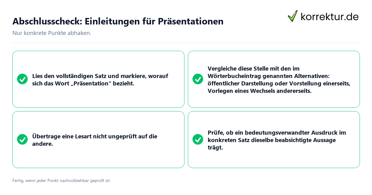 Konkreter Abschlusscheck zu Einleitungen für Präsentationen
