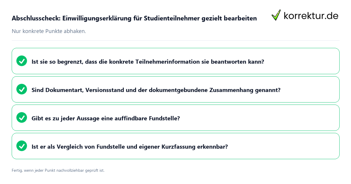 Konkreter Abschlusscheck zu Einwilligungserklärung für Studienteilnehmer gezielt bearbeiten