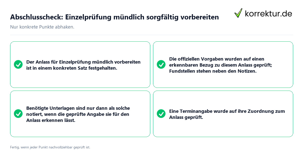 Konkreter Abschlusscheck zu Einzelprüfung mündlich sorgfältig vorbereiten