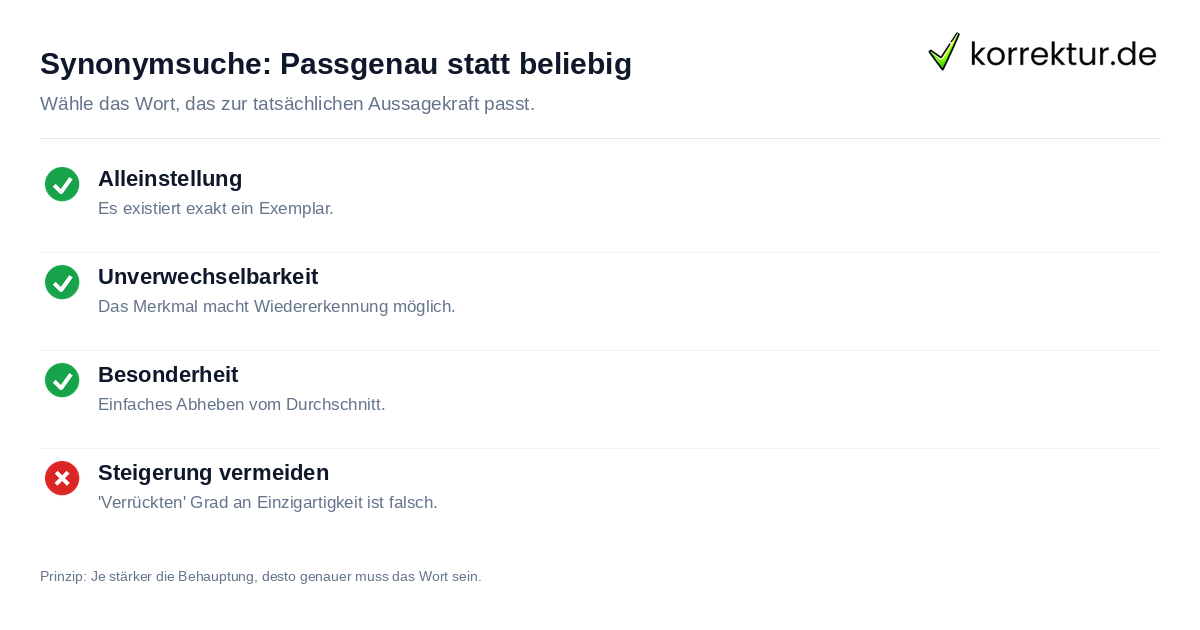 Synonymsuche: Passgenau statt beliebig Einzigartig Synonym: Richtige Auswahl zwischen einmalig und unverwechselbar prüfen