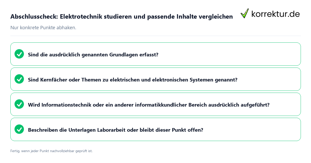 Konkreter Abschlusscheck zu Elektrotechnik studieren und passende Inhalte vergleichen