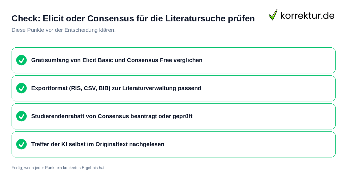 Check: Elicit oder Consensus für die Literatursuche prüfen Elicit oder Consensus für die Literatursuche prüfen: Prüfliste mit vier Punkten