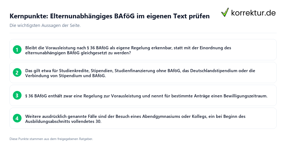 Konkrete Kernpunkte zu Elternunabhängiges BAföG im eigenen Text prüfen