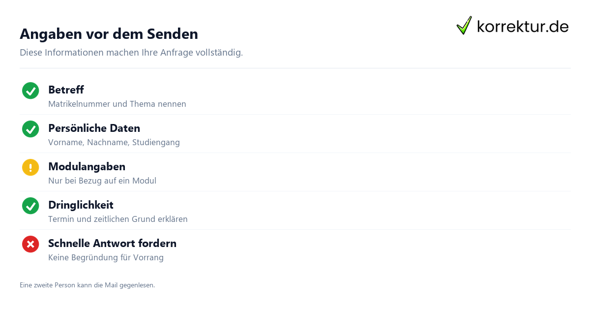 Angaben vor dem Senden Eine E-Mail an das Prüfungsamt klar formulieren, Angaben prüfen
