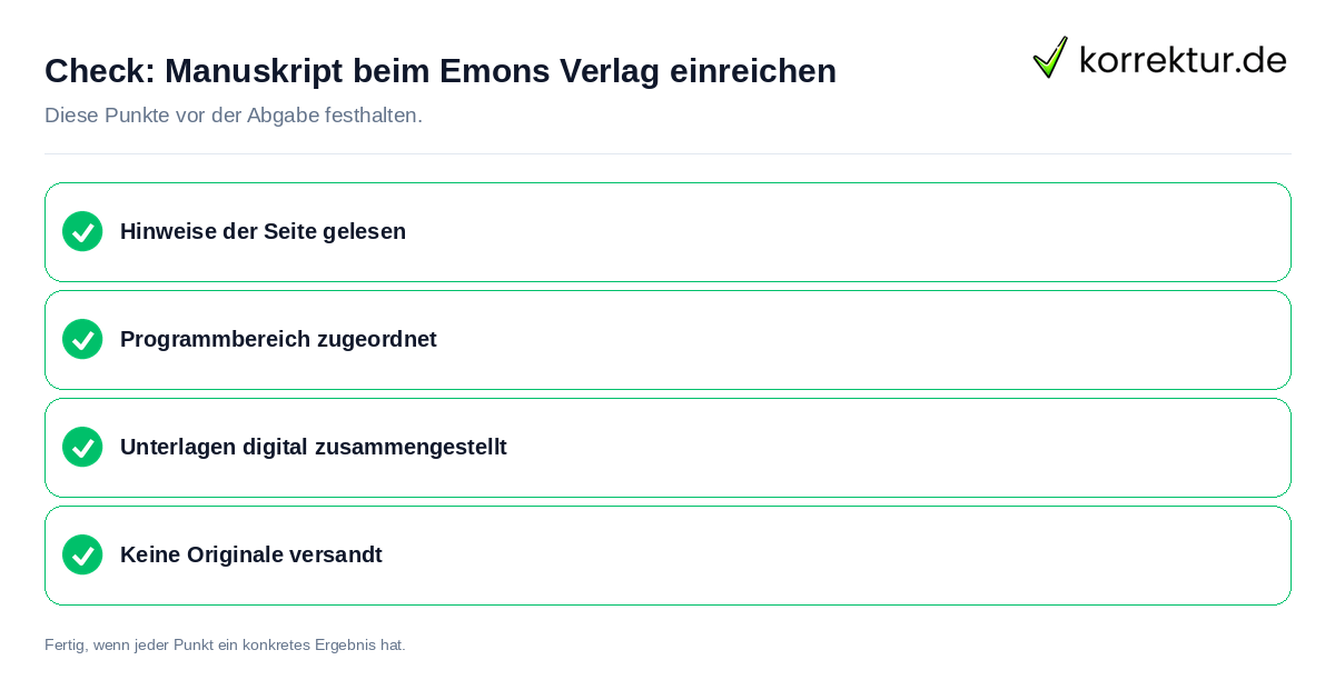 Manuskript beim Emons Verlag einreichen: Prüfliste mit vier Punkten