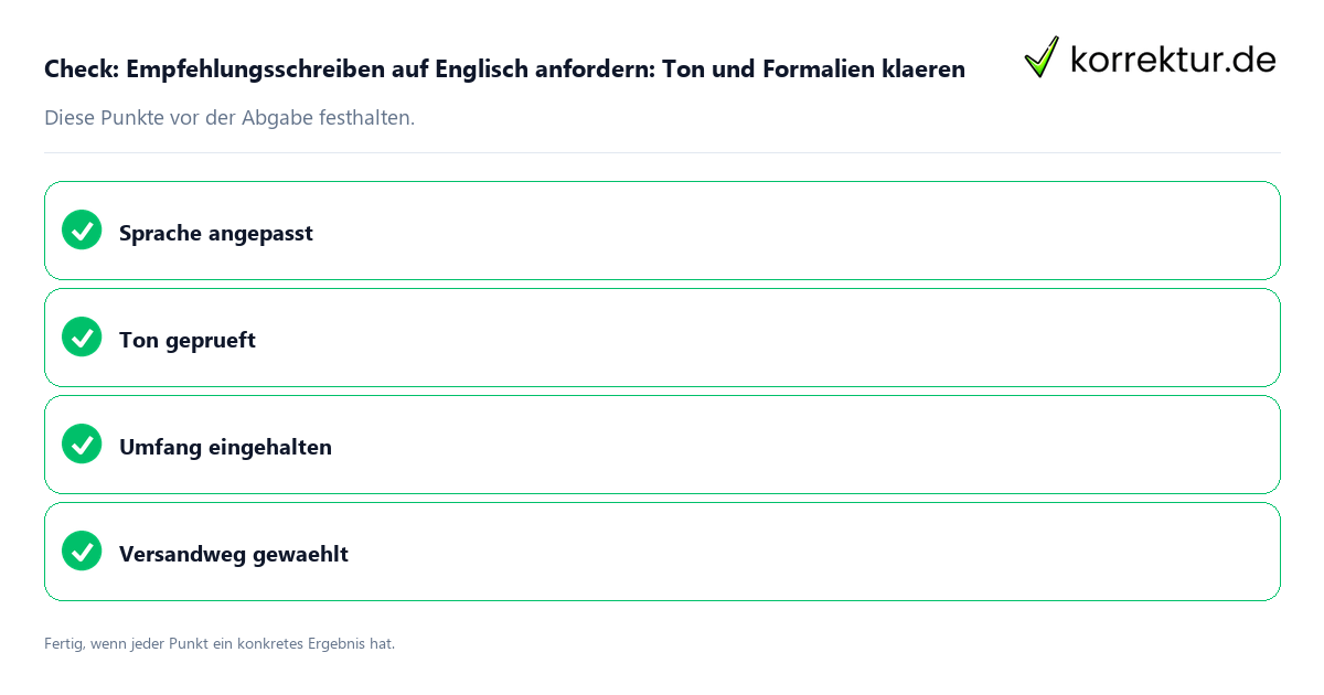 Check: Empfehlungsschreiben auf Englisch anfordern: Ton und Formalien klären Empfehlungsschreiben auf Englisch anfordern: Ton und Formalien klären: Prüfliste mit vier Punkten