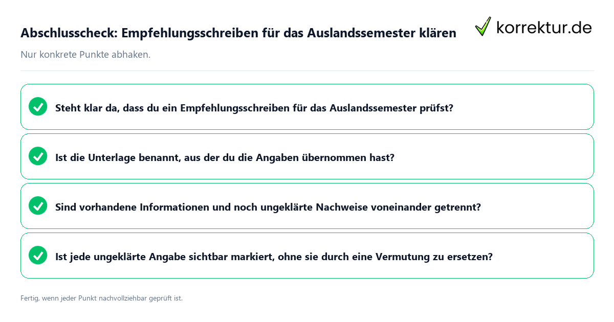 Konkreter Abschlusscheck zu Empfehlungsschreiben für das Auslandssemester klären