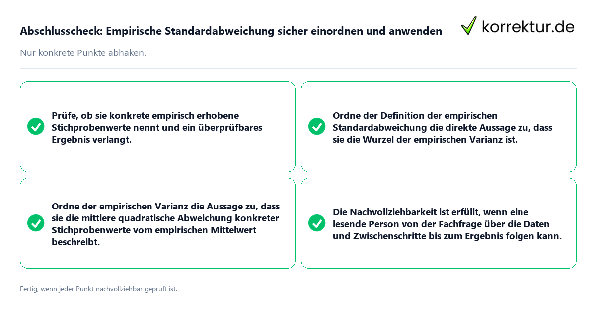 Konkreter Abschlusscheck zu Empirische Standardabweichung sicher einordnen und anwenden