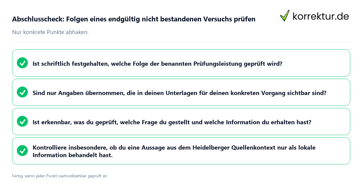 Konkreter Abschlusscheck zu Folgen eines endgültig nicht bestandenen Versuchs prüfen