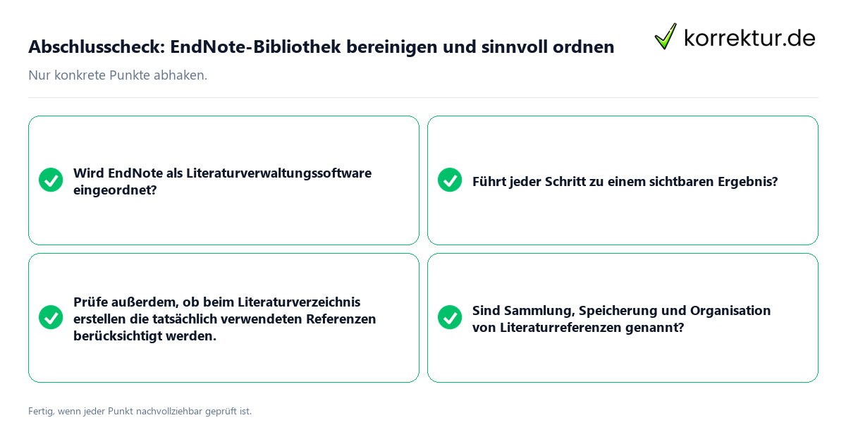 Konkreter Abschlusscheck zu EndNote-Bibliothek bereinigen und sinnvoll ordnen