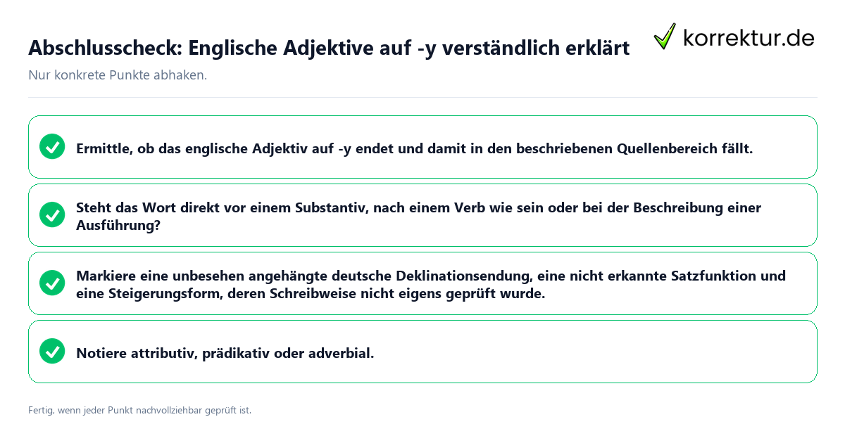 Abschlusscheck: Englische Adjektive auf -y verständlich erklärt Konkreter Abschlusscheck zu Englische Adjektive auf -y verständlich erklärt