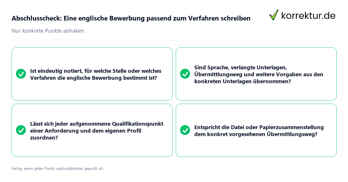 Konkreter Abschlusscheck zu Eine englische Bewerbung passend zum Verfahren schreiben