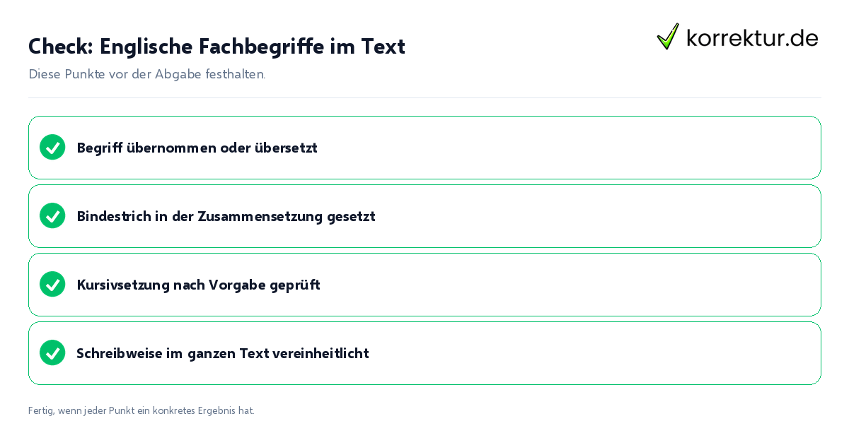 Englische Fachbegriffe im Text: Prüfliste mit vier Punkten