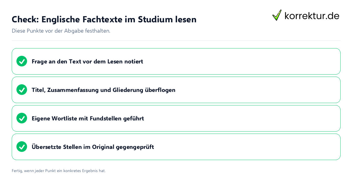 Check: Englische Fachtexte im Studium lesen Englische Fachtexte im Studium lesen: Prüfliste mit vier Punkten