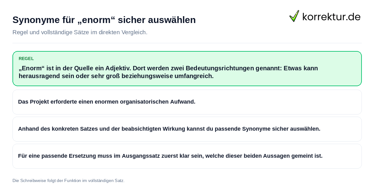 Konkrete Regel und vollständige Beispielsätze zu Synonyme für „enorm“ sicher auswählen